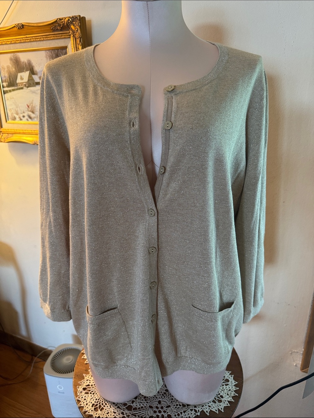 🐷🆕 Talbots Light Gold Metallic Button-Front Cardigan Sweater